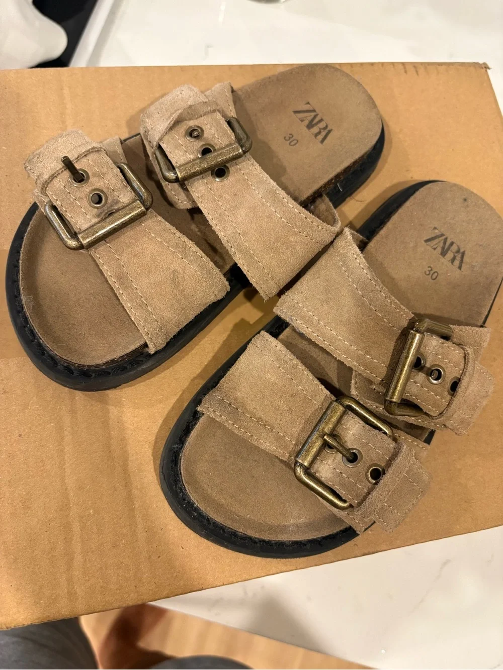 Zara Kids Suede Tan Double-Buckle Slide Sandals